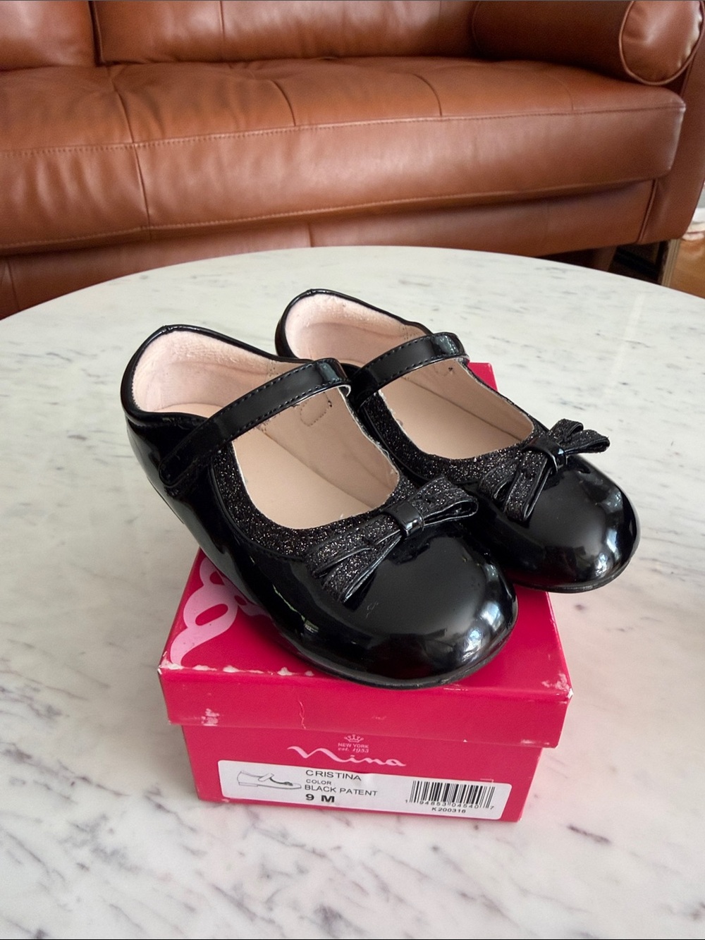 Nina Black Patent Mary Jane Dress Shoes with Glitter Bow